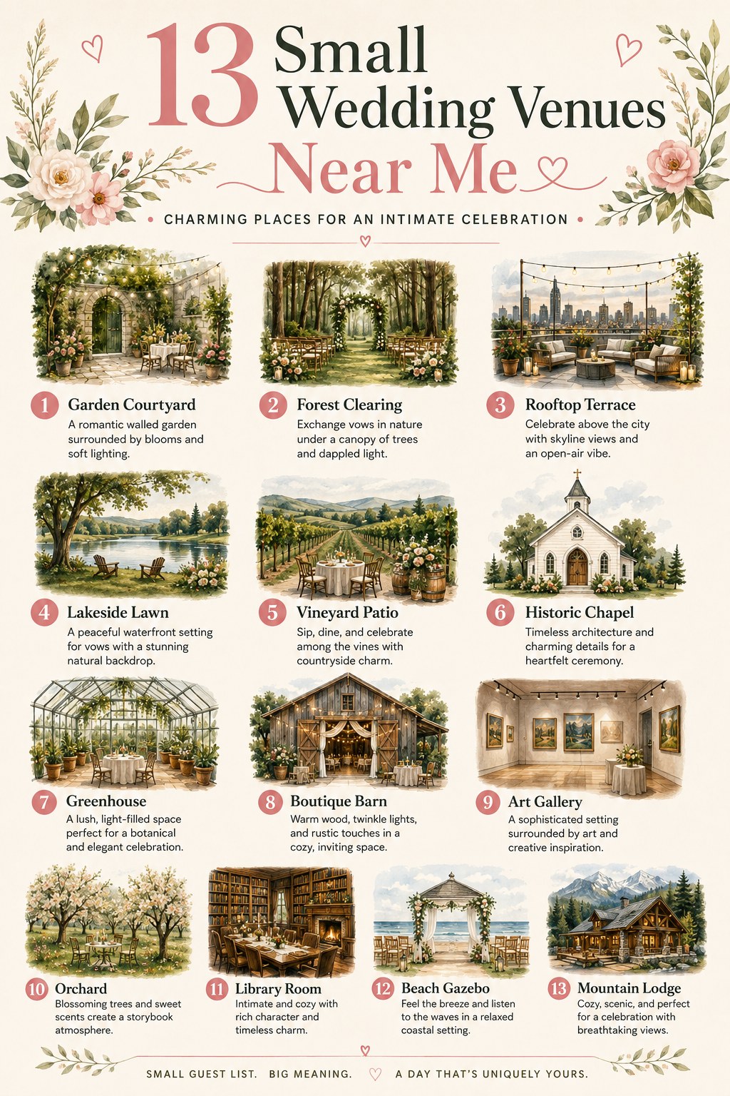 Infographic listing 13 small wedding venues near me, from garden courtyards to mountain lodges