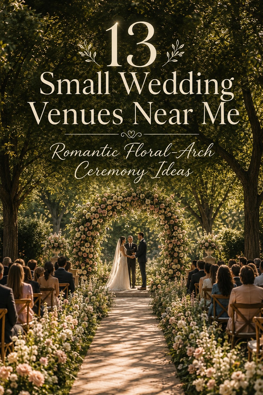 Round floral archway over a petal-strewn aisle, a statement ceremony backdrop at a small wedding venue