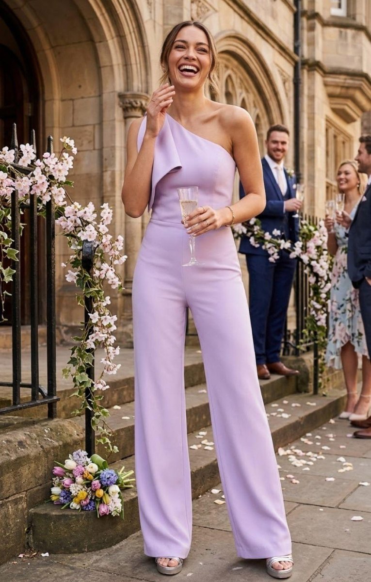 Jumpsuit with statement accessories wedding guest