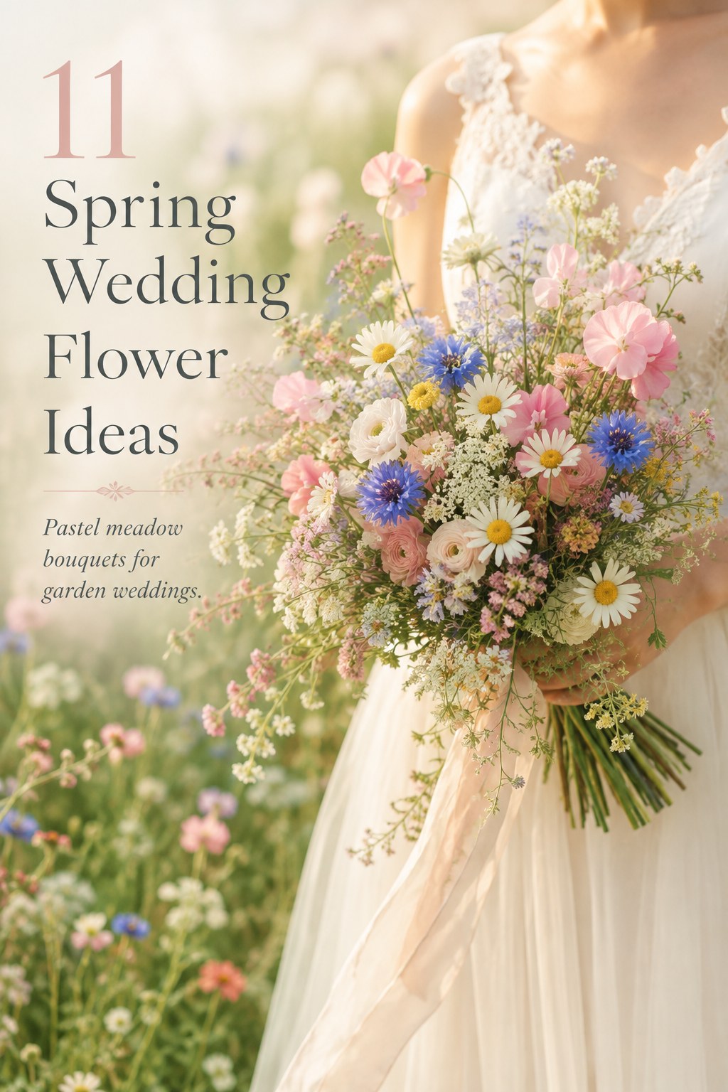 Bride in a garden holding a pastel meadow bouquet, a soft spring wedding flowers ideas option with cornflower blue