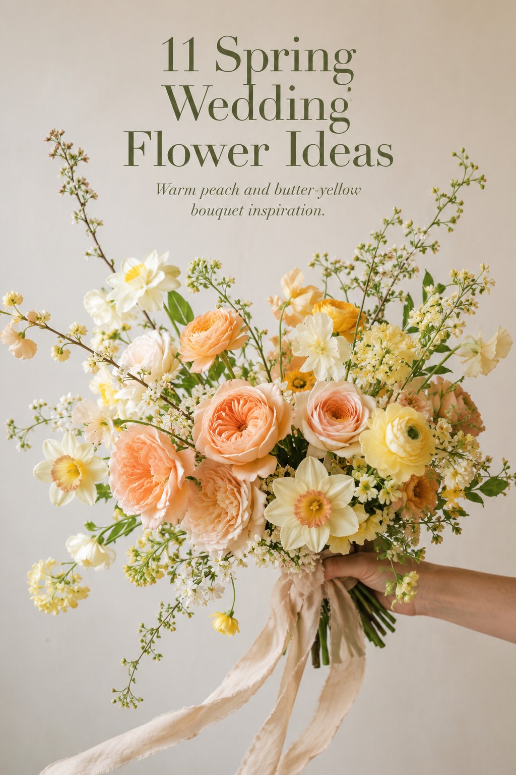Peach and butter-yellow bouquet offering warm-toned spring wedding flowers ideas with ranunculus and daffodils