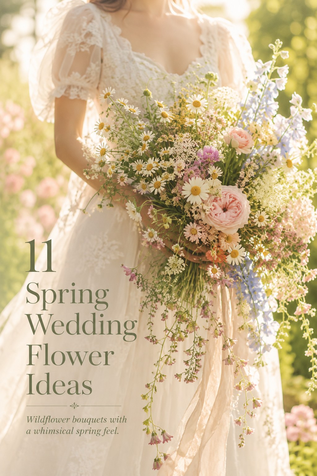 Bride carrying a cascading wildflower bouquet, one of the softest spring wedding flowers ideas for boho dresses