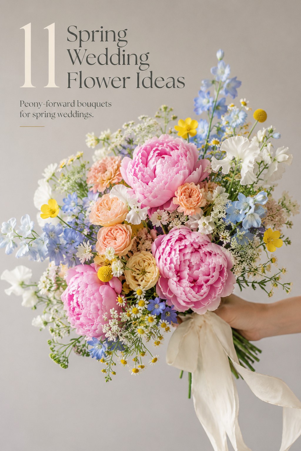 Bridal bouquet illustrating peony-forward spring wedding flowers ideas with pink peonies and yellow billy balls