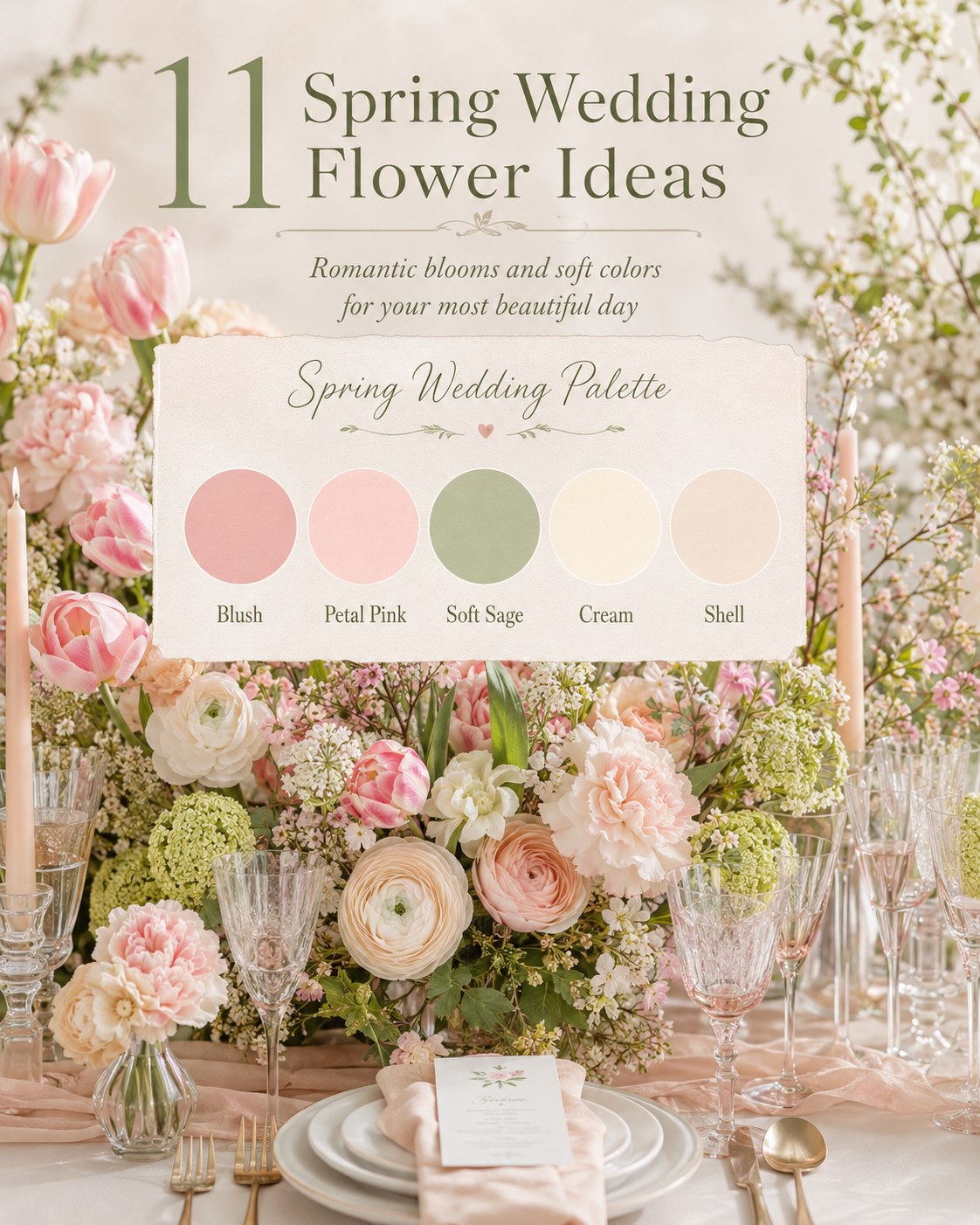 Tablescape and color palette card showing blush and sage tones from a curated spring wedding flowers ideas list
