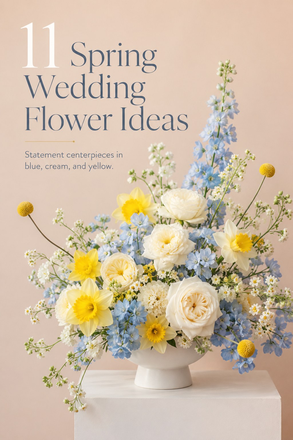 Tall statement centerpiece in blue, cream, and yellow showing a dramatic spring wedding flowers ideas centerpiece