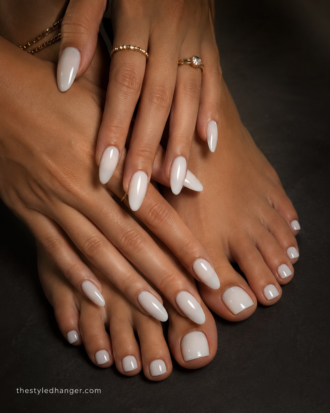 Milky white manicure and pedicure set, a subtle summer nail color for dark skin