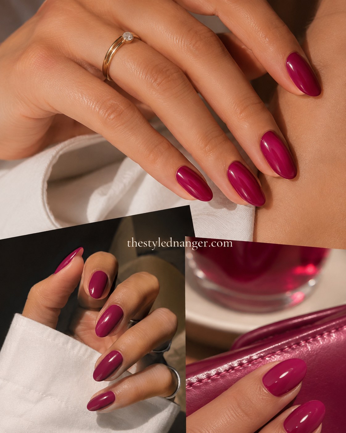 Deep berry red glossy nails, a jewel-toned summer nail color for dark skin