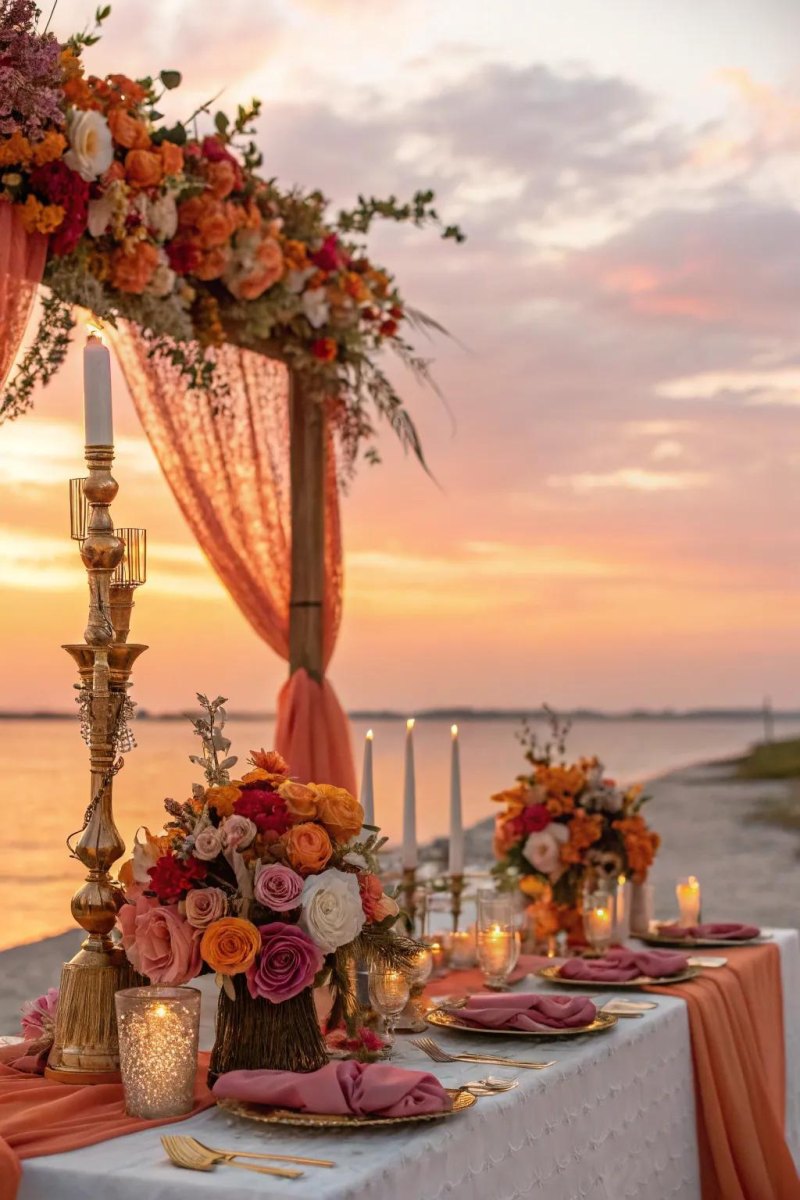 Sunset pink orange gold wedding theme