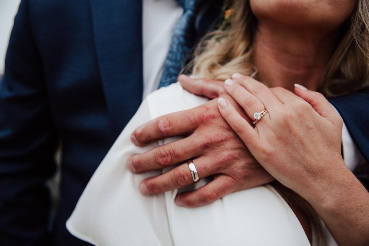 Wedding ring detail during intimate elopement pose