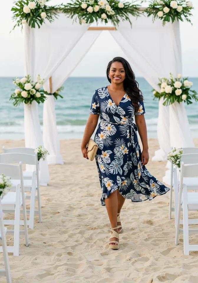 Tropical print wedding guest outfit