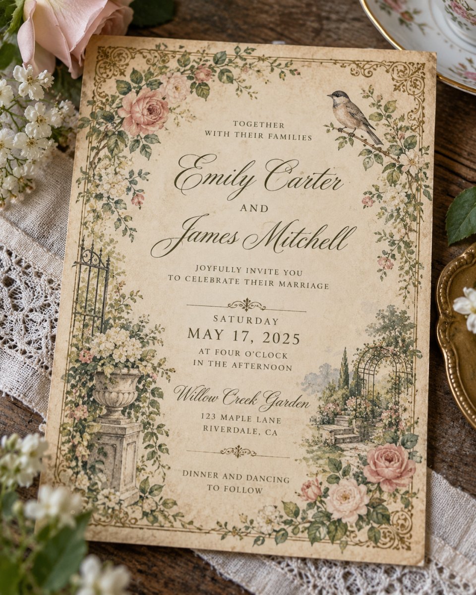 Vintage garden party wedding invitation