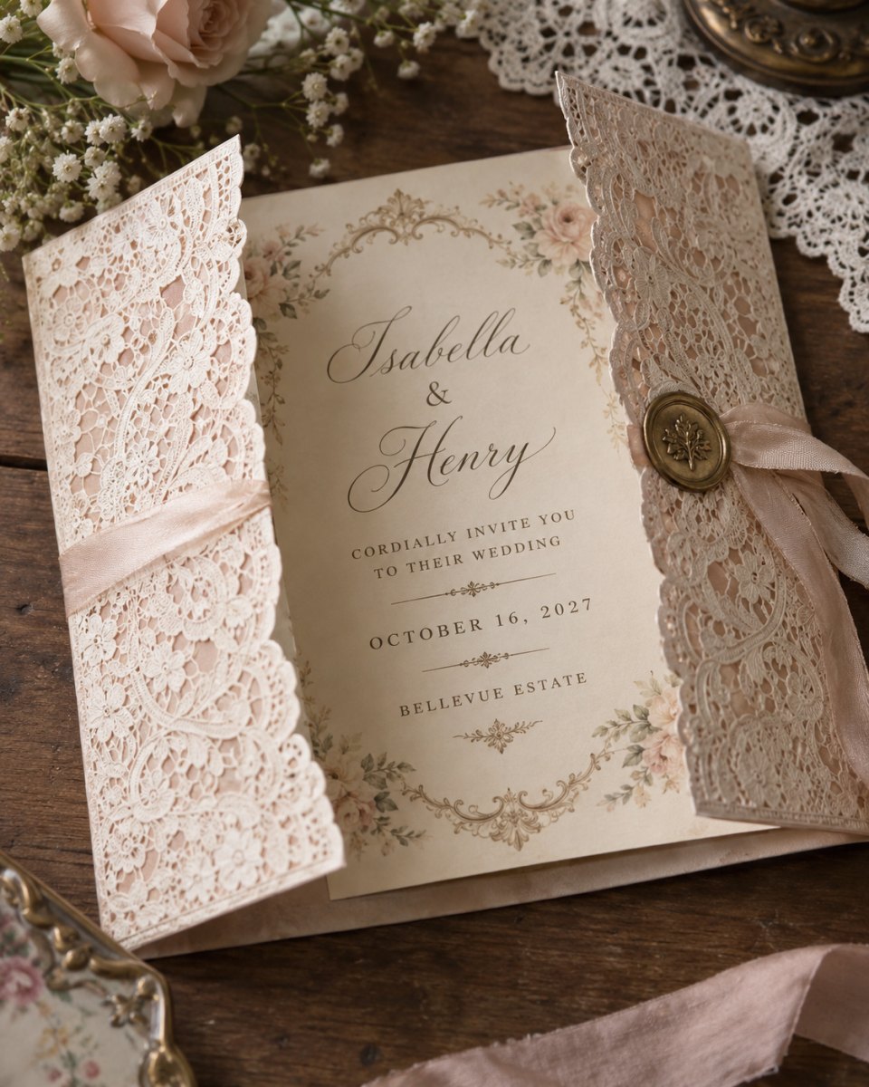 Vintage lace gatefold wedding card