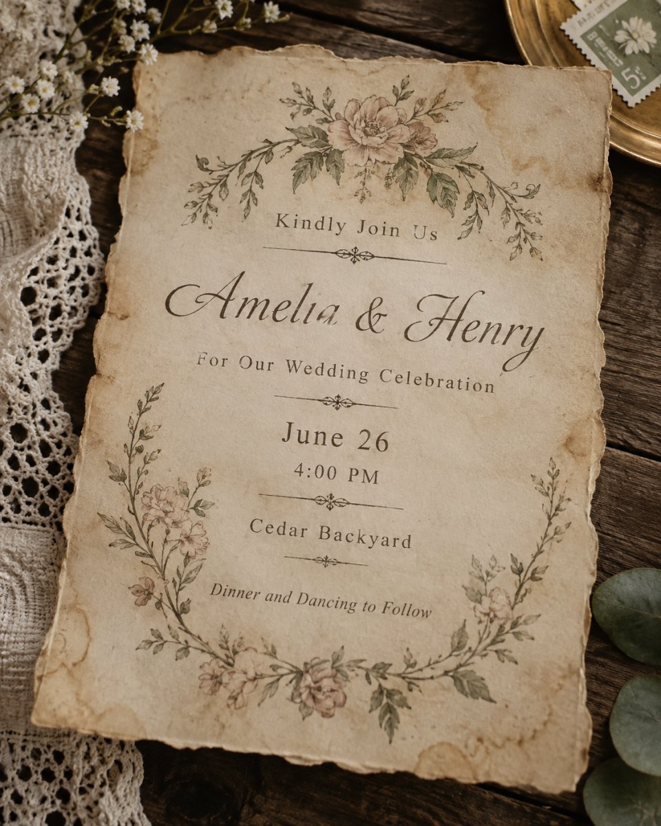 Vintage paper wedding invitation