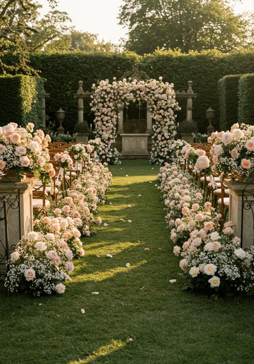 Vintage pastel rose wedding aisle