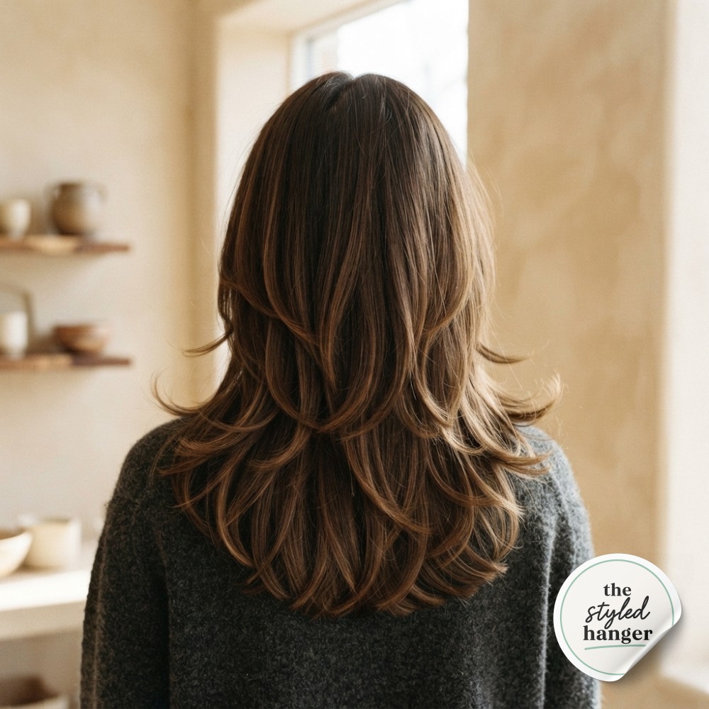 Back view of a shag haircut showing crown volume styling for thin hair with choppy layers