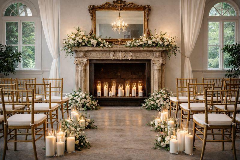Indoor wedding with warm fireplace decor