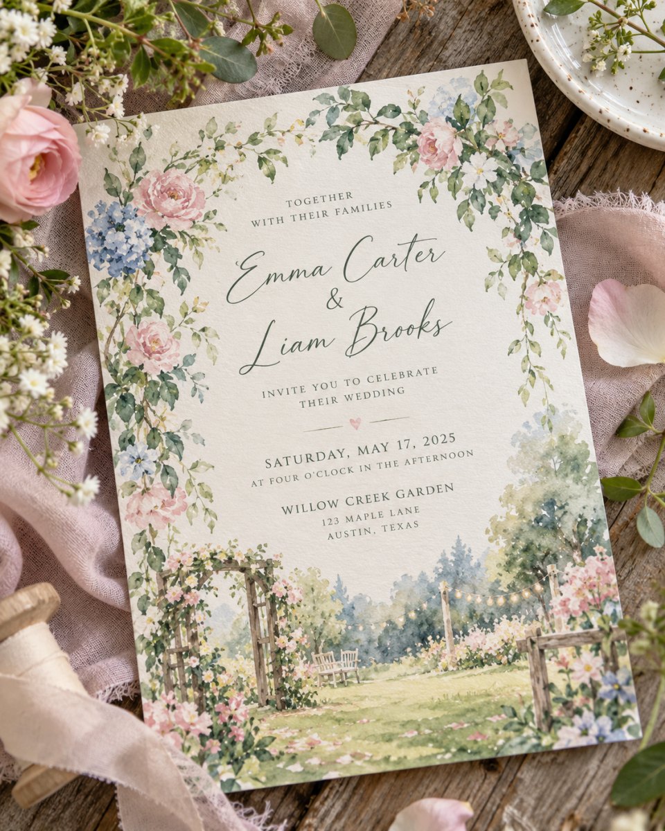 Watercolor garden wedding invitation design