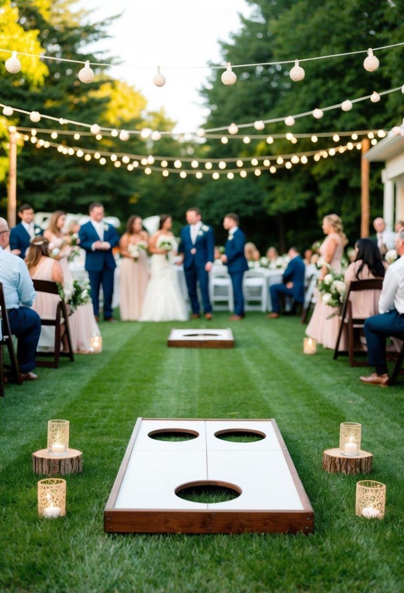 Wedding guests playing cornhole outdoors