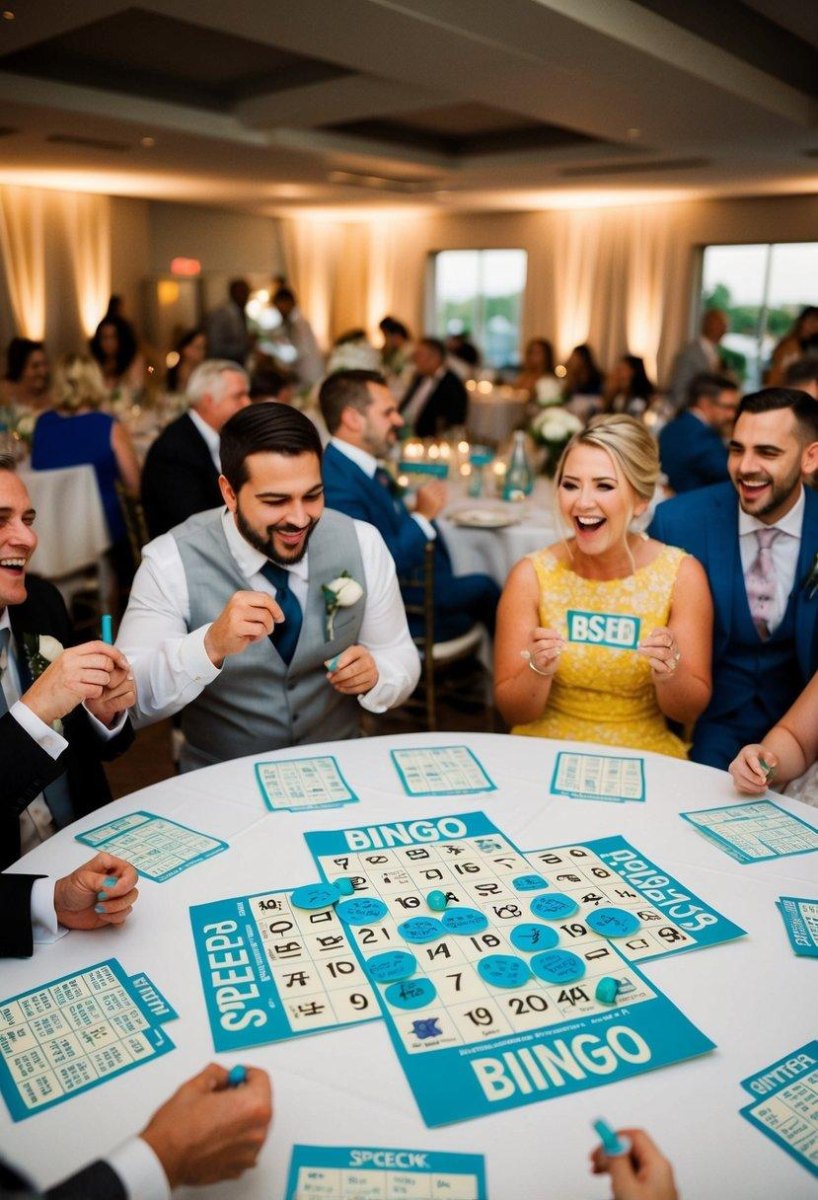 Wedding guests playing reception trivia