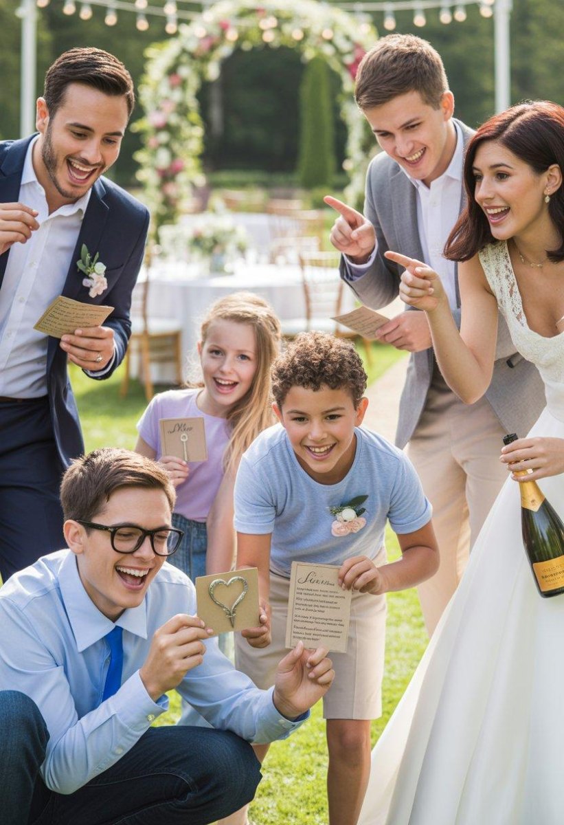 Wedding guests doing outdoor scavenger hunt