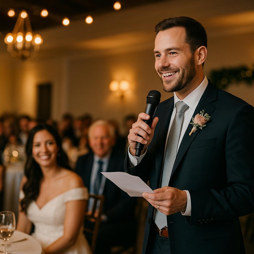 Best man holding microphone at wedding