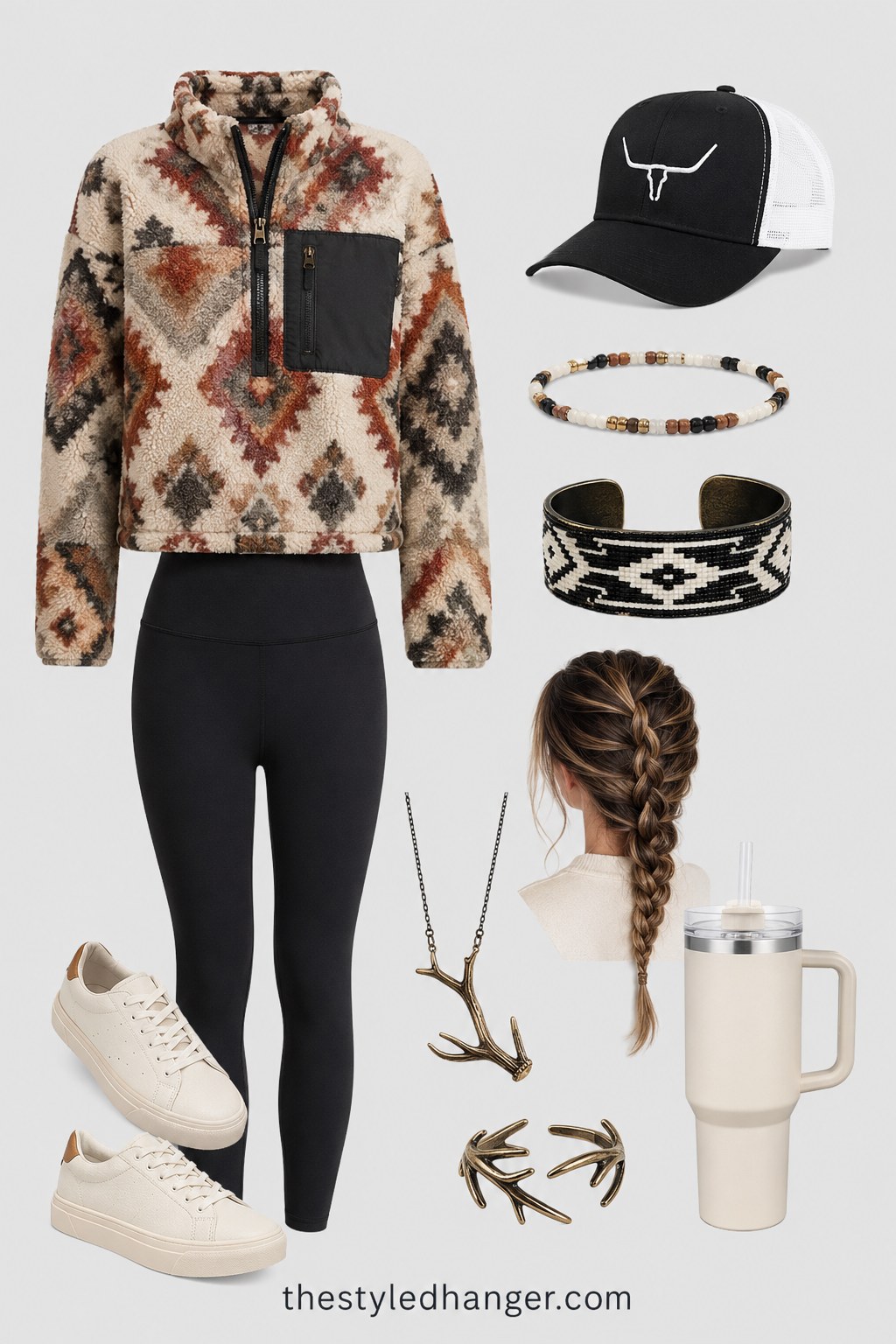 Aztec print sherpa pullover with leggings and a trucker hat for a casual western fall outfit