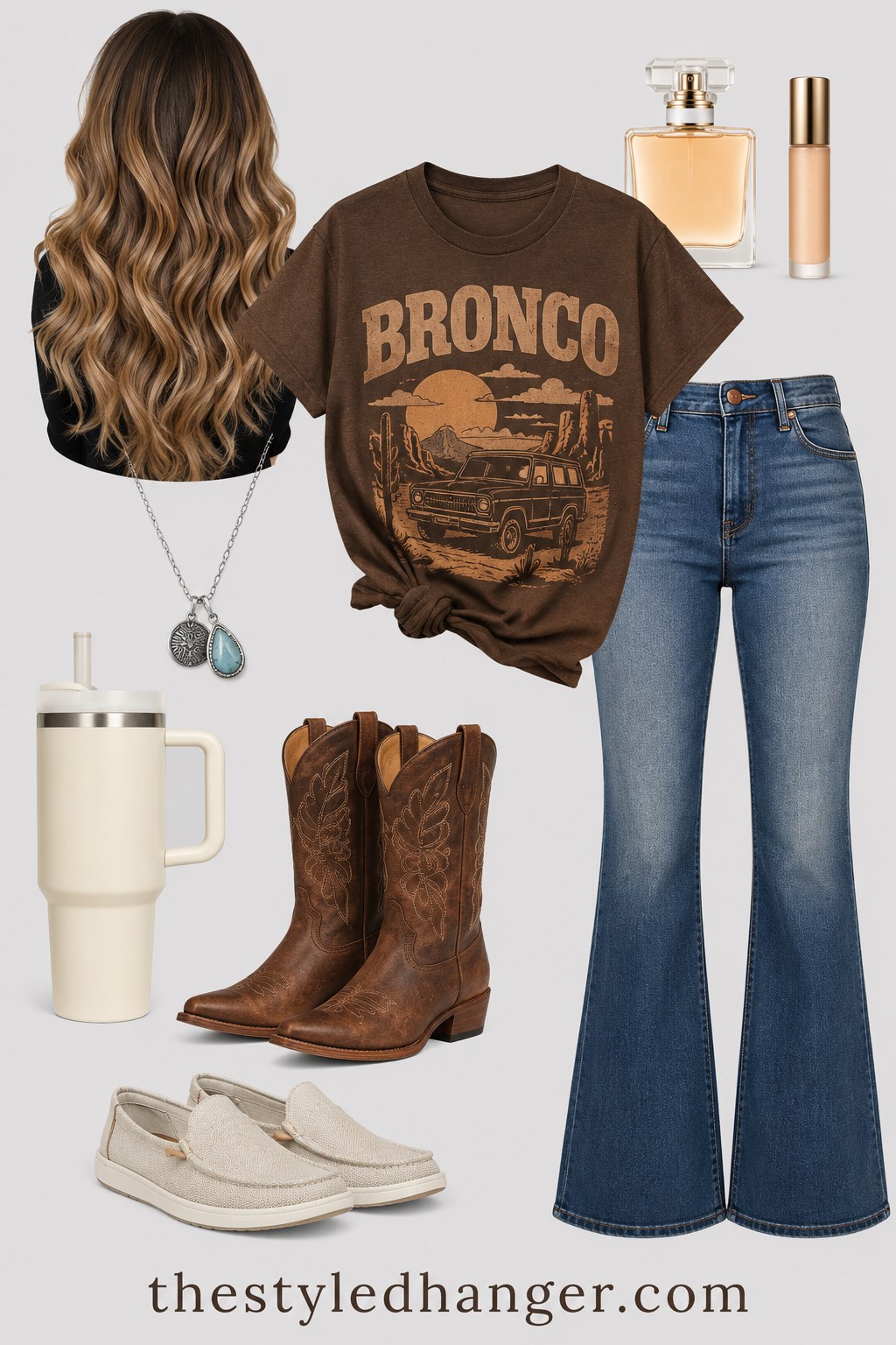 Bronco graphic tee paired with flare jeans and cowboy boots for a casual western fall outfit