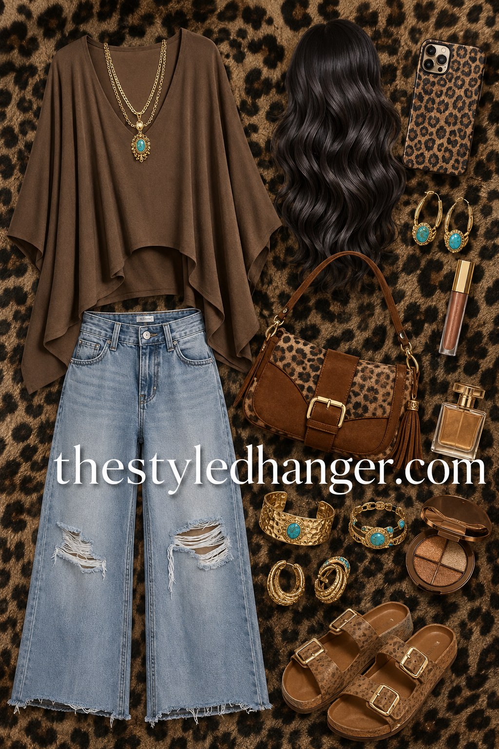 Leopard print bag and turquoise jewelry styled with wide-leg jeans for a boho western fall outfit