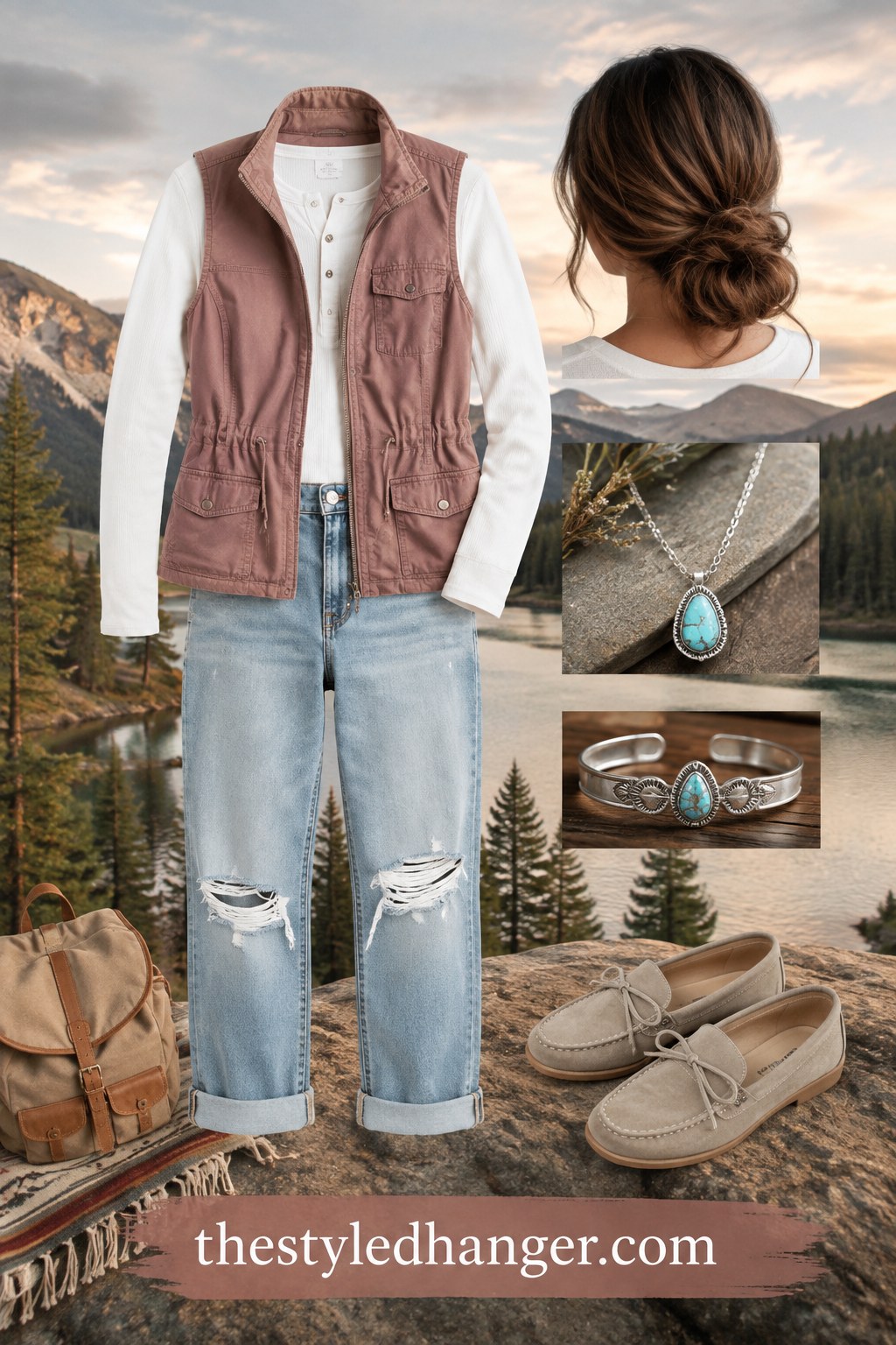 Mauve utility vest layered over a white henley and jeans for a western fall outfit