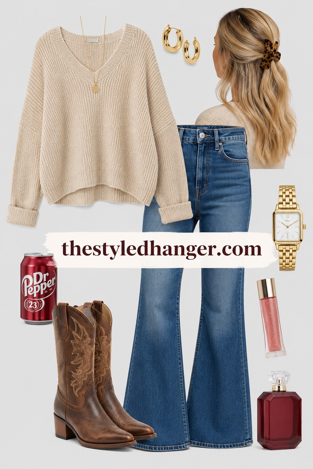 Oversized cream sweater and flare jeans styled with gold jewelry for a cozy western fall outfit