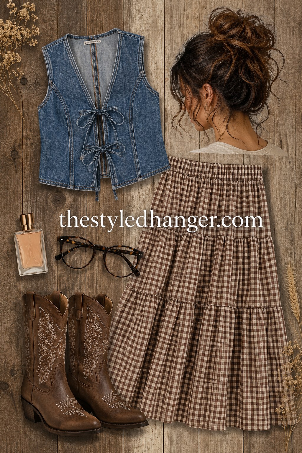 Tie-front denim vest styled with a gingham tiered skirt for a restyled western fall outfit
