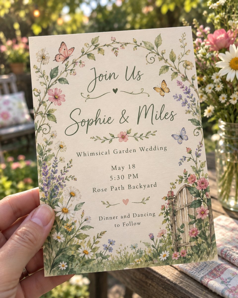 Whimsical garden wedding invitation