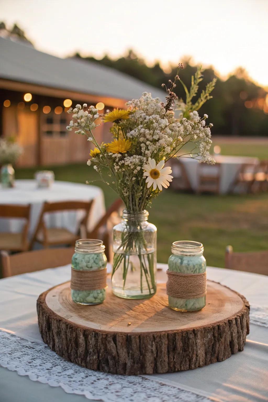Wildflowers arranged on wood slice