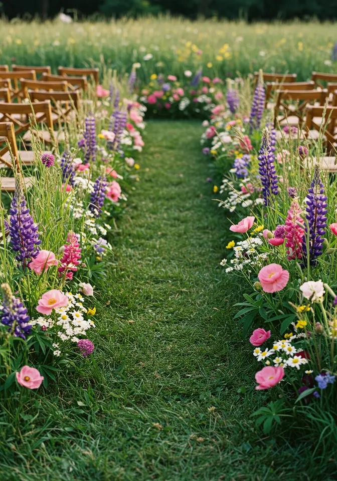 Pastel wildflower meadow wedding aisle