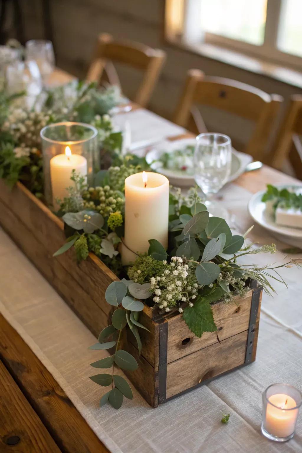 Wooden box filled with wedding greenery