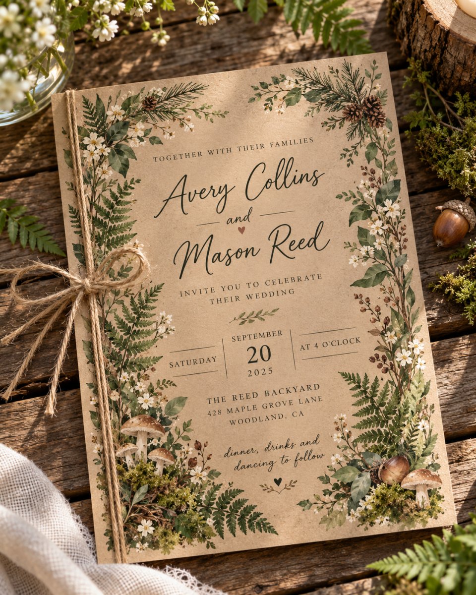 Woodland backyard wedding invitation